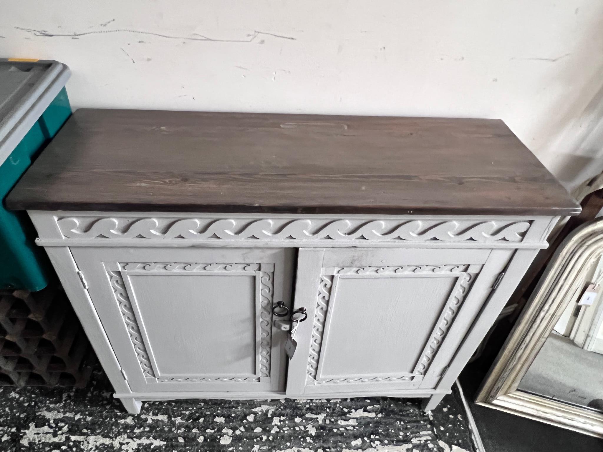 A painted pine topped two door side cabinet, width 101cm, depth 35cm, height 84cm